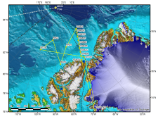 Flight path of the NASA P-3 Orion in yellow during the joint sea ice science mis