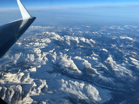 The C-20A aircraft, based at NASA’s Armstrong Flight Research Center in Edwards, California, flies over the Sierra Nevada Mountains in California for the Dense UAVSAR Snow Time (DUST)