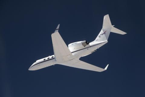 The G-IV aircraft flies overhead in the Mojave Desert near NASA’s Armstrong Flight Research Center in Edwards, California.