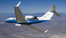 The Uninhabited Aerial Vehicle Synthetic Aperture Radar (UAVSAR) underbelly pod is in clear view as NASA’s Gulfstream III research aircraft banks away over Edwards Air Force Base, California.