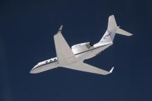 The G-IV aircraft flies overhead in the Mojave Desert near NASA’s Armstrong Flight Research Center in Edwards, California.